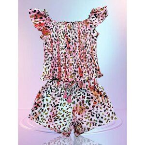 Girls 1st Kiss Pink Leopard Off-Shoulder Smocked Top & Shorts Set L/14